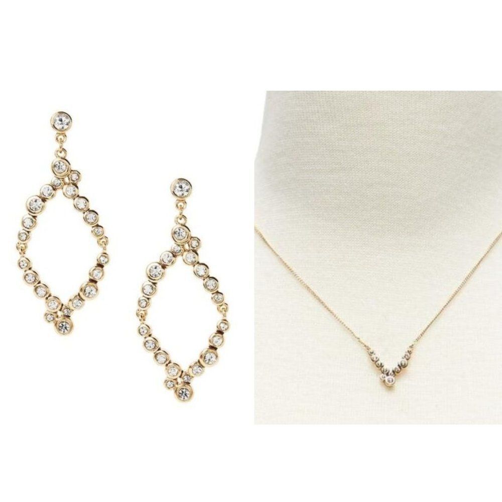 Ann Taylor Loft Crystal V Pendant Necklace Cut out Earrings NWT 80